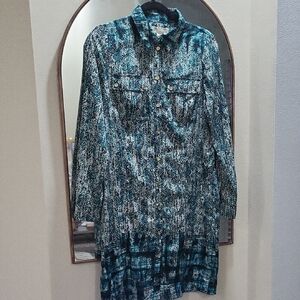 MICHAEL KORS Teal Boho Button Front Shirt Long Sleeve Dress | Western - Chic